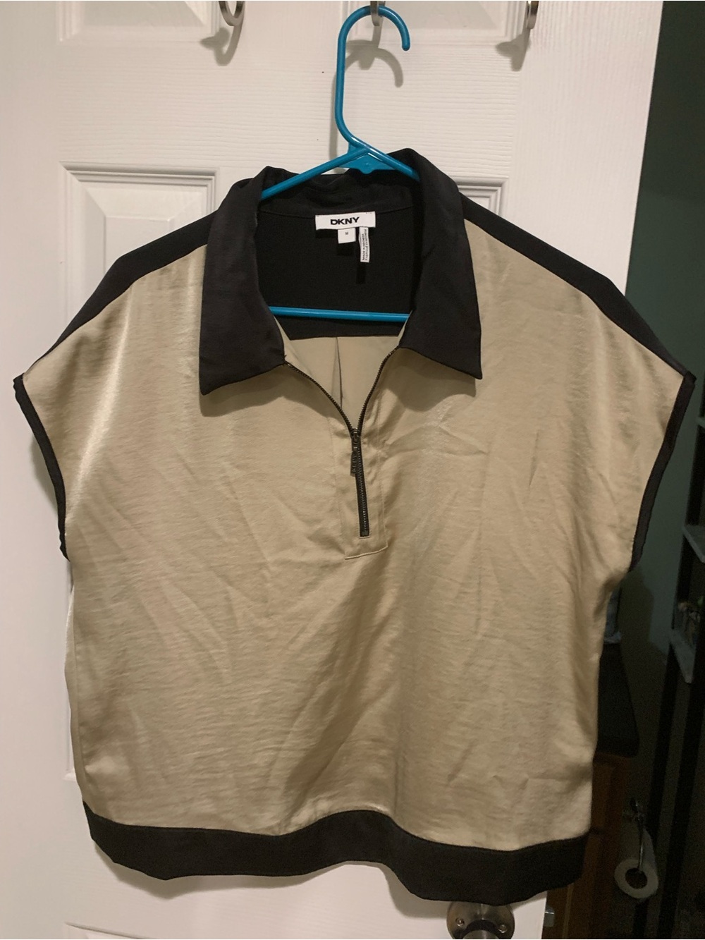 DKNY Beige Polo-Style Sleeveless Top with Black Trim